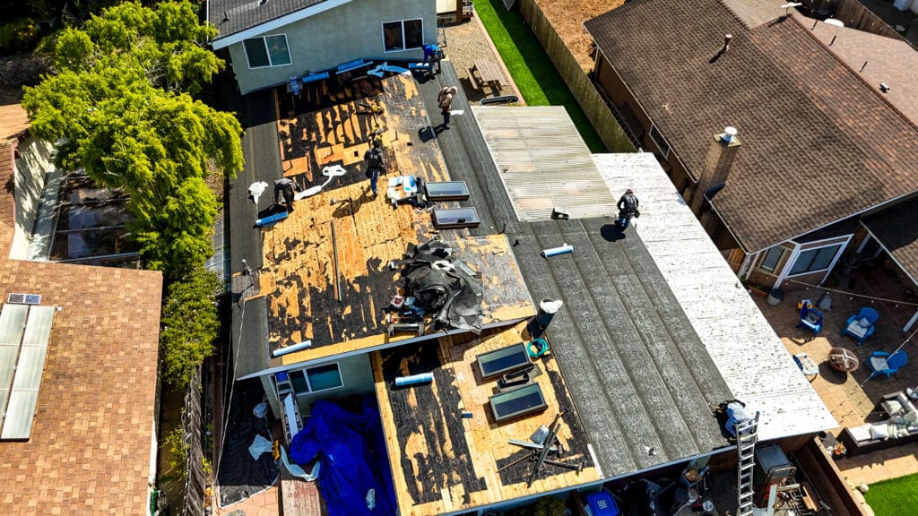 Aerial view of roof renovation in progress