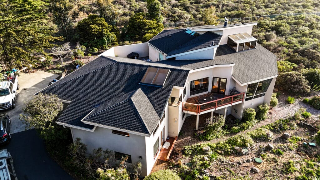 Aerial view of modern house with garden