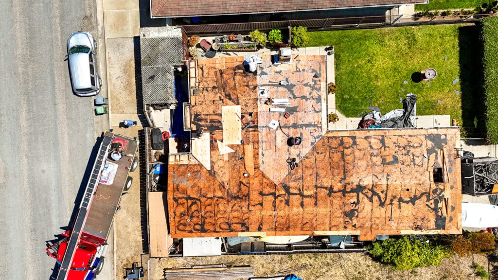 Aerial view of roof under renovation.