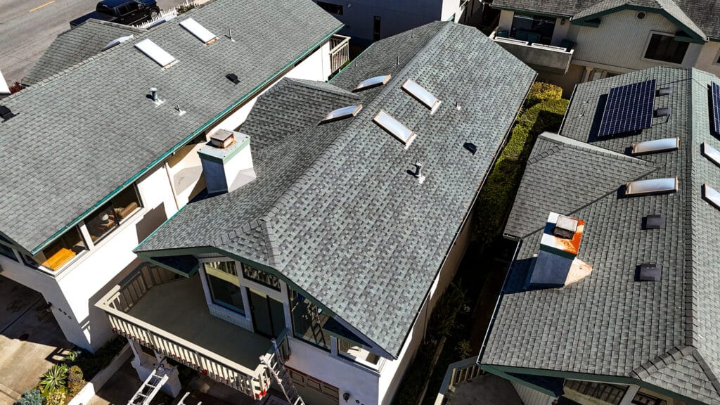 Aerial view of houses with shingled roofs and skylights.